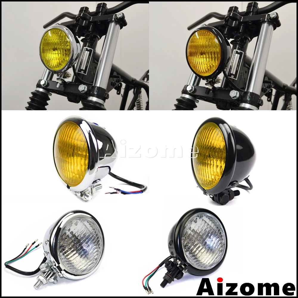 4.5'' inch Motorcycle Vintage Headlight Headlamp Yellow Lens For Harley Custom