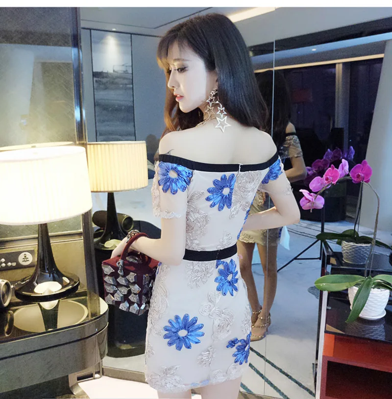 2018 Summer women dress 2018 sexy sheath embroidered show thin led off-the-shoulder above Knee mini dress package hip dress