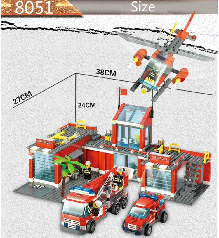 Блочный конструктор "пожарная станция" серия пожарная станция автомобиль-вертолет строительные блоки город пожарная модель развивающие