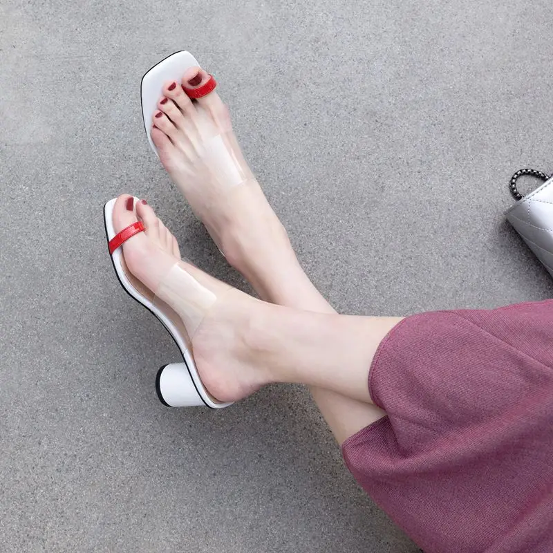 

Plus Size 34-43 Genuine Leather Women Sandals Clear PVC Ladies Flip Flops Mules Ladies High Heels Summer Shoes