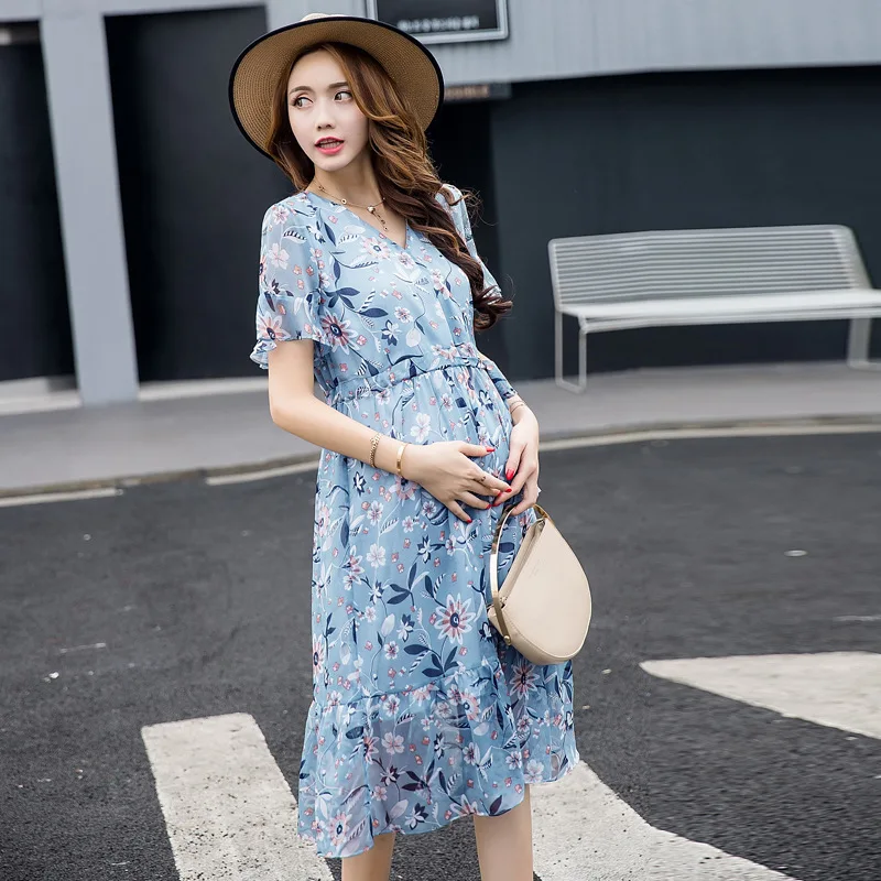 

BAHEMAMI Pregnancy Clothes 2018 Summer New Printing Fashion Speaker Sleeve V-neck Dress Elegant Maternity Dress Vestido
