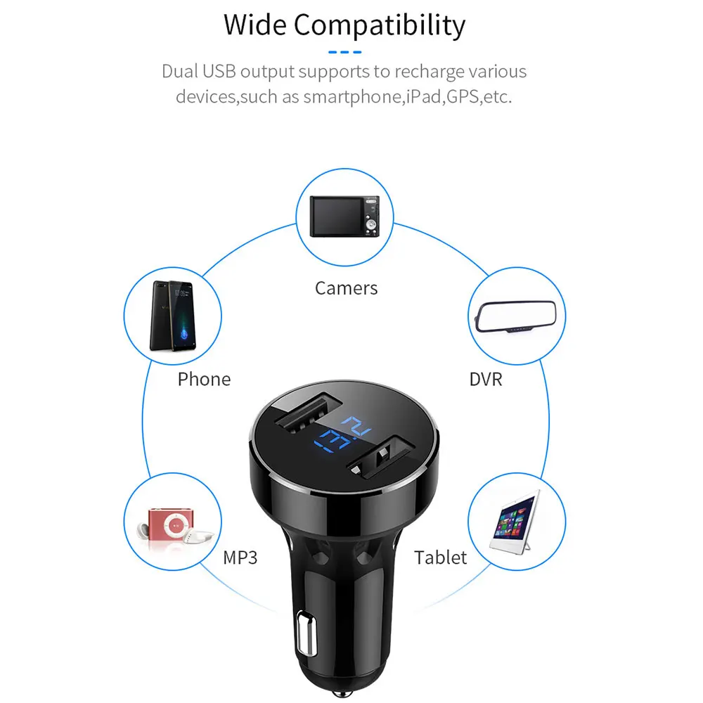 VEHEMO USB адаптер для быстрого автомобильного Зарядное устройство адаптер QC3.0 автомобиля 3A умное универсальное Зажигалка Лидеры продаж, два USB выхода, Зарядное устройство Bluetooth MP3 плеер