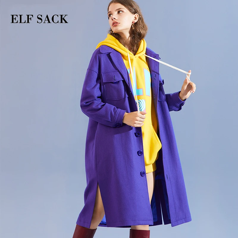 ELFSACK, новинка, зимнее женское Шерстяное Пальто, элегантное, плотное, OL, отложной воротник, шерстяная верхняя одежда, Длинная шерстяная куртка, однотонная, женская верхняя одежда
