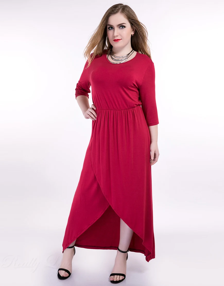 Cute Ann Women's Quarters Sleeve Plus Size Wrap Dress Maxi Stretchy Red Asymmertrical Cocktail 
