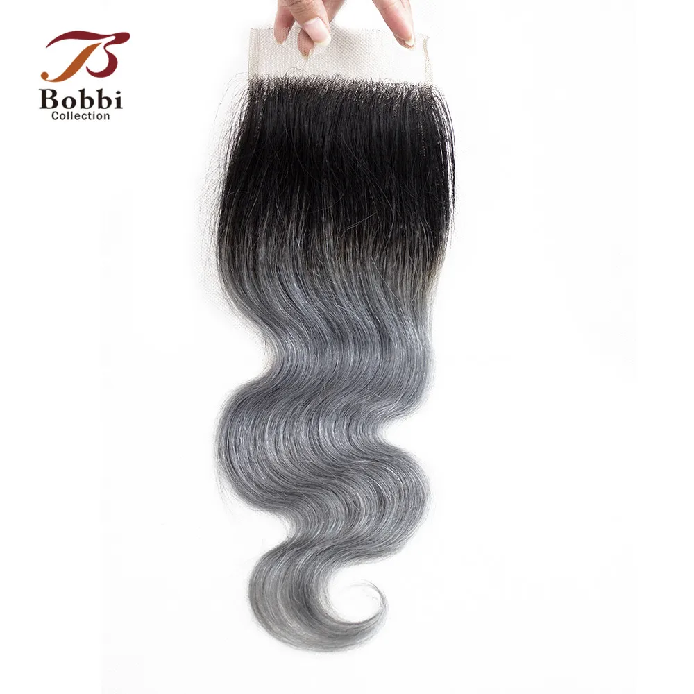 

Bobbi Collection T 1B Dark Grey Lace Closure 12 inch Brazilian Body Wave Black Root Dark Grey Remy Human Hair Free Middle Part