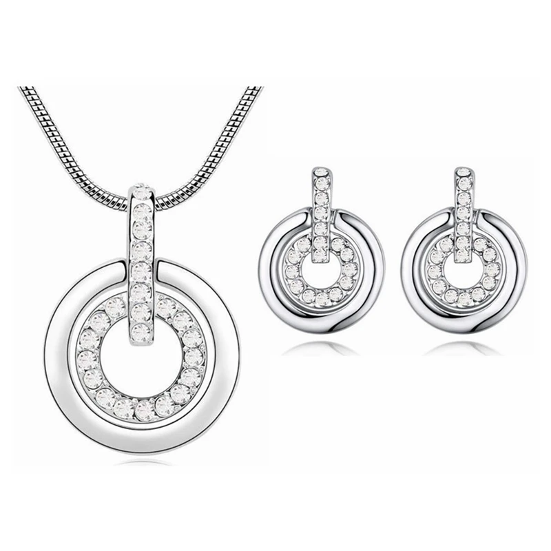 

New embellished with Crystal from Swarovski Jewelry Set Double Circle Pendant Necklace Earrings Women Wedding Accessories