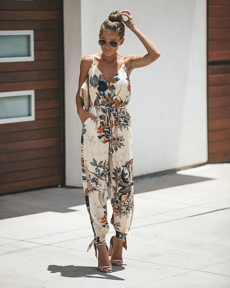 

Summer Women Jumpsuits Sling Printed Rompers Sexy Backless Womens V Neck Long Lace Jumpsuit Bodysuit With Pockets