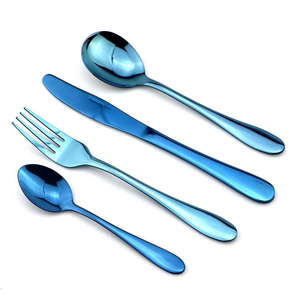 

4 Pieces/Set Shiny Luxury Blue Dinnerware Set Stainless Steel Cutlery Set Rainbow Black Purple Knife Fork Spoon Tableware