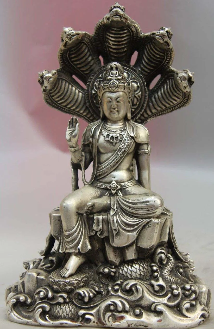 

China Myth White Copper Silver Five Cobra Snake Head Nu Wa Goddess Statue