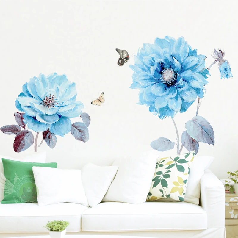 Скандинавские красивые синие цветы настенные наклейки для гостиной спальни наклейки на стену в форме бабочки украшение дома фон фрески ПВХ