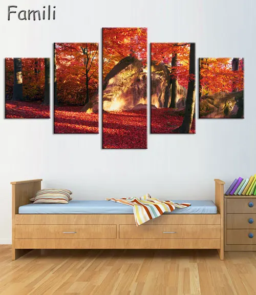 Осень кленовый лист холст живопись на стене картины для гостиной без рамы 5 шт. цветок Куадрос Decoracion модульные картины - Цвет: Бургундия