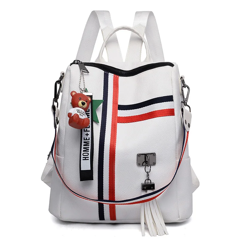 Bags for women new wild fashion zipper ladies backpack PU leather high quality school bag Bear pendant bag for youth bags - Цвет: white