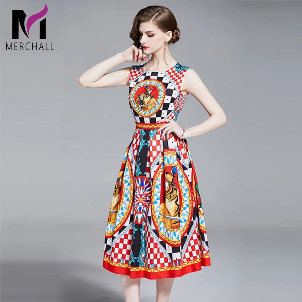 

2019 Fashion Runway Sicilian Summer Dress Women's Sleeveless O-Neck Luxury Beading Warrior Checkerboard Print Elegant Vest Dress