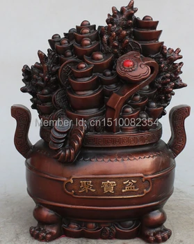 

12" Bronze Gilt Wealth YuanBao Money Lion Ruyi Treasure Bowl Ju Bao Pen Statue