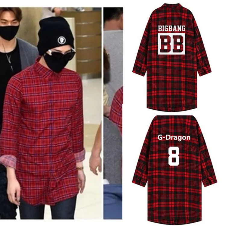 kpop bigbang harajuku long section of the Spring Autumn plaid women jacket k-pop big bang made red long-sleeved tops shirt | Женская