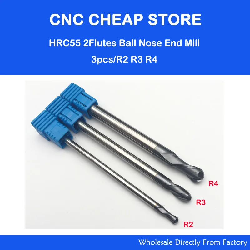 

3pcs R2 R3 R4 HRC55 tungsten solid carbide 2F BALL NOSE end mill for CNC milling machine Long Two Flute length 100mm Lengthen