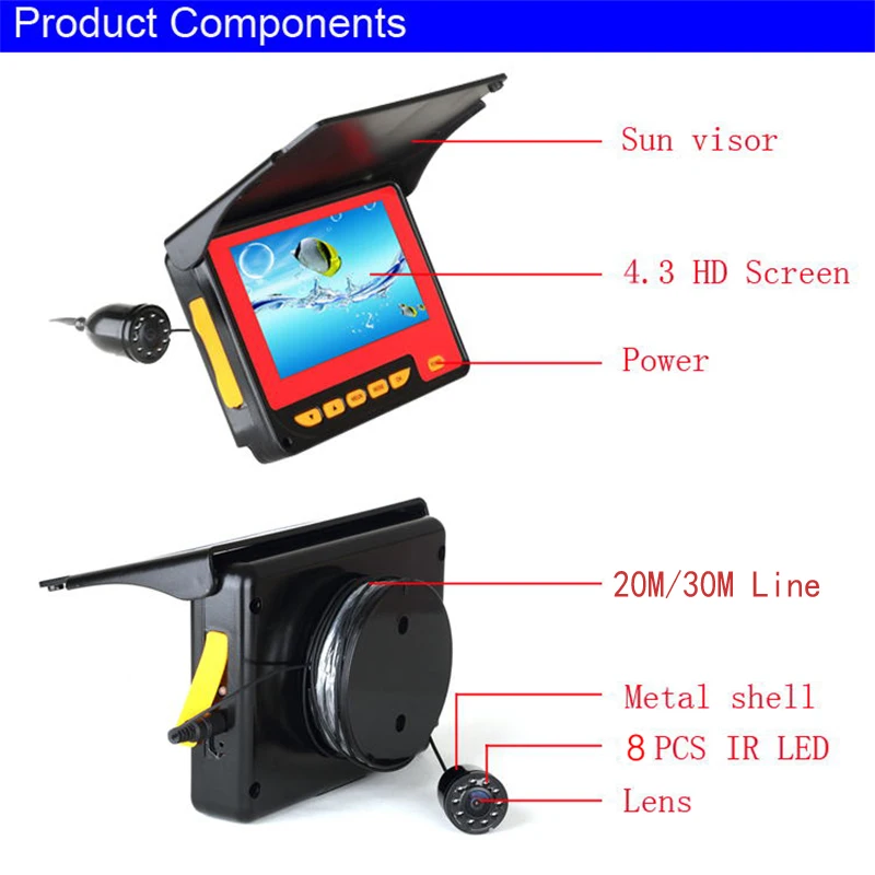 Yumeiqun 20/возможностью погружения на глубину до 30 м подводный Камера для рыбалки инфракрасный 4,3 дюймов 1000TVL подледной рыбалки Камера Широкий формат 8 шт. ИК светодиодный шлем с солнцезащитным козырьком