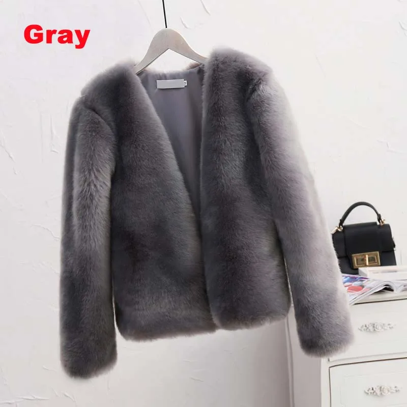 Просвет короткая шуба из искусственного лисьего меха - Цвет: gray faux fur coat