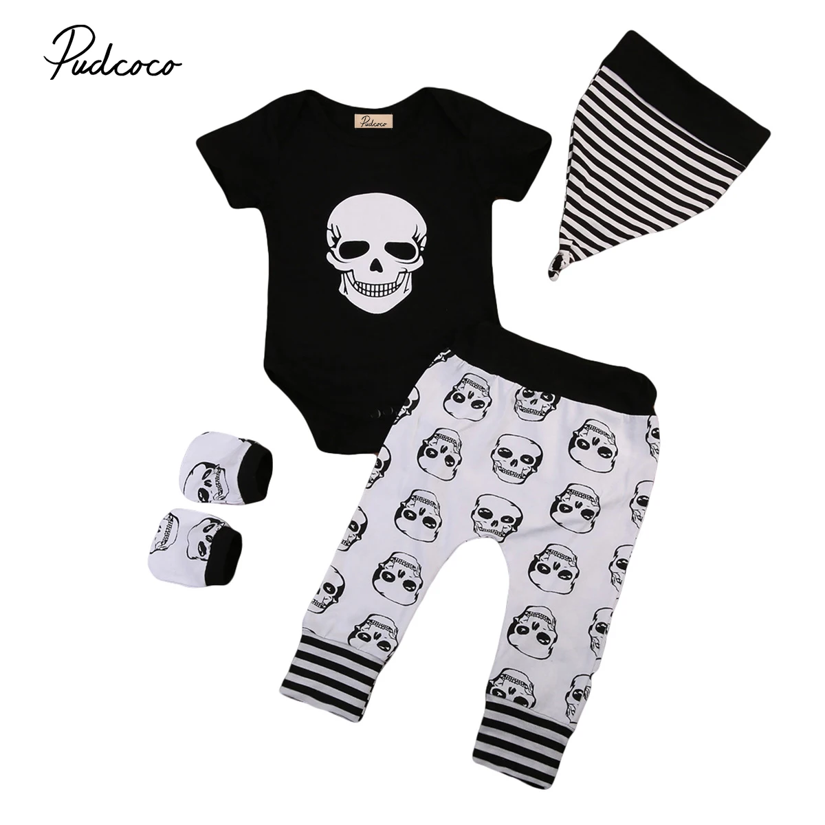 Newborn Kids Baby Boys Skull Tops Romper Long Pants Hat 4Pcs Outfits Set Clothes Cotton Infant Toddler Boy Girls Clothing | Детская