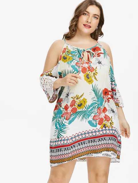 Wipalo Floral Print Lace Summer Dress Plus Size 5XL Cold Shoulder Sexy Mini Dress Sundress Vestido Casual Big Women Clothes