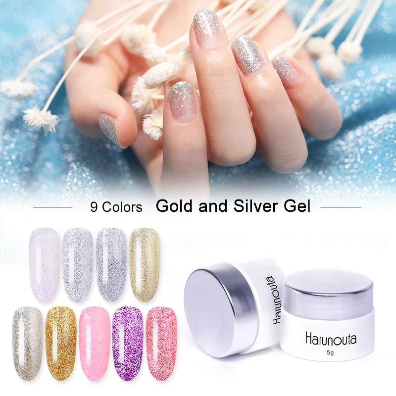 

Harunouta 5g Gold Silver Nail Gel Polish Shimmer Glitter Soak Off UV Gel Platium Holographic Nail Varnish Manicure Design