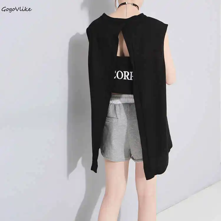 

Cotton T Shirt Letter Print Open Back T Shirt Sleeveless Women 2018 new Harajuku Tops Backless Japanese Style LT480S50