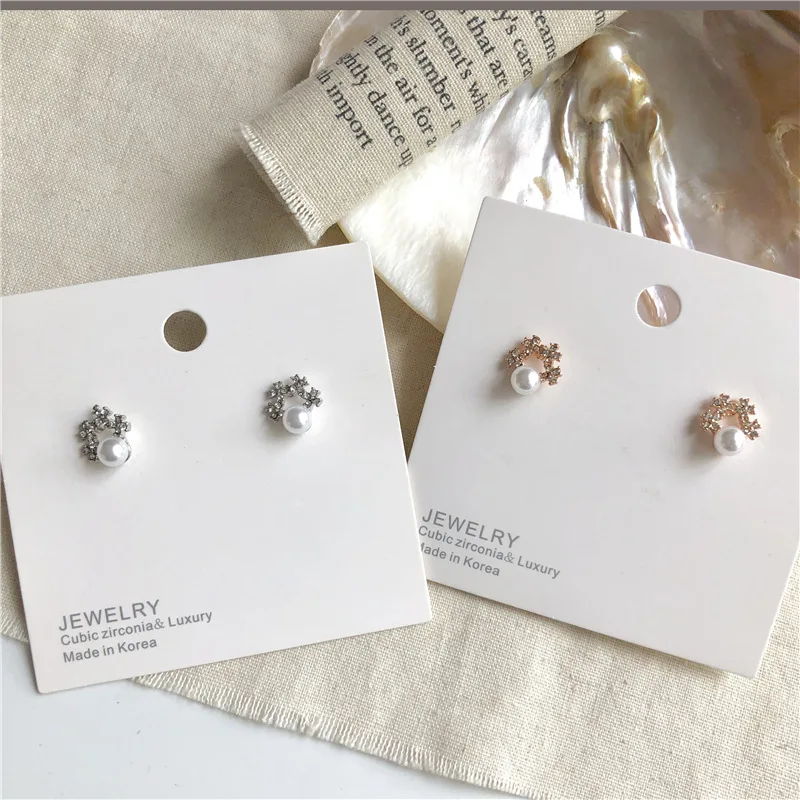 

925 Silver Needle Fully Rhinnestone Flowers Mini Stud Earrings Fairy Simulated-pearls Small Earrings Bohemian Jewelry
