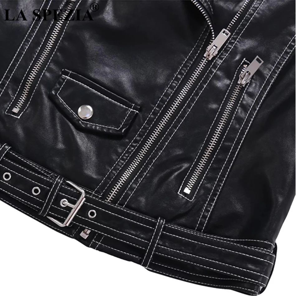 LA SPEZIA Black Vest Women Slim Fit Faux Leather Waistcoat Ladies Belt Street Motorcycle Zipper Female Autumn Sleeveless Jackets