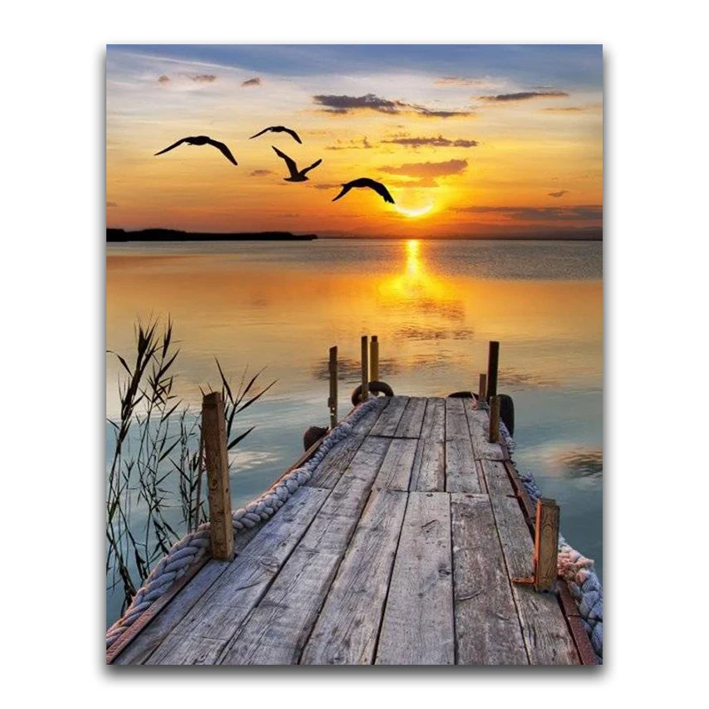 Diy Diamond Painting Cross Stitch scenery seagulls setting sun Diamond Embroidery Square Mosaic Decor natural landscape decor