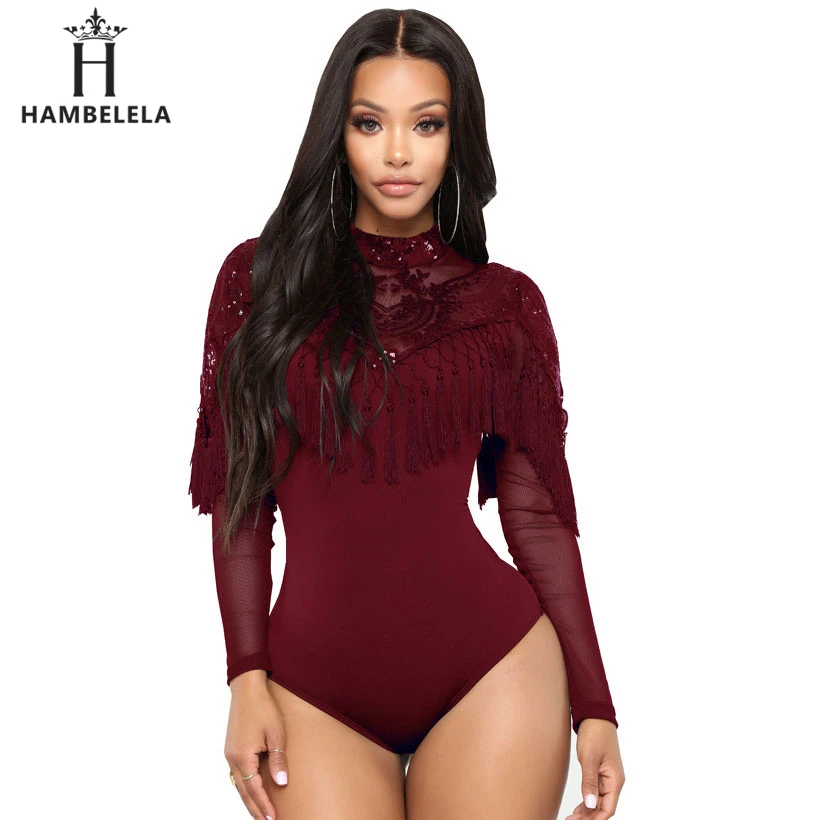 

HAMBELELA Women Sexy Turtleneck Mesh Jumpsuit Winter Sequin Long Sleeve Bodysuit 2019 New Tassel Sequined Jumpsuit Body Feminino