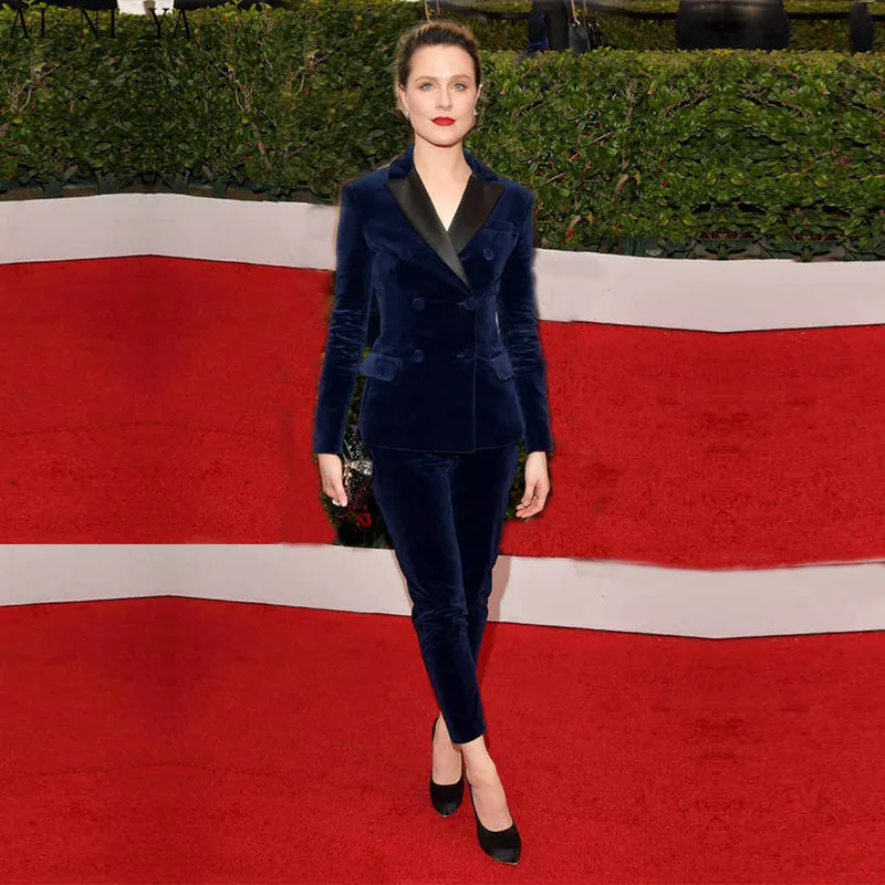 3-4 109 NEW navy velvet womens business suits double breasted slim fit female office uniform ladies elegant pant suits CUSTOM MADE