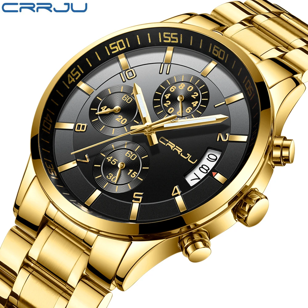 

CRRJU Top Brand Man's Analogue Chronograph Quartz Watch with Stainless Steel Bracelete Luminous Wristwatch for Boys Calendar