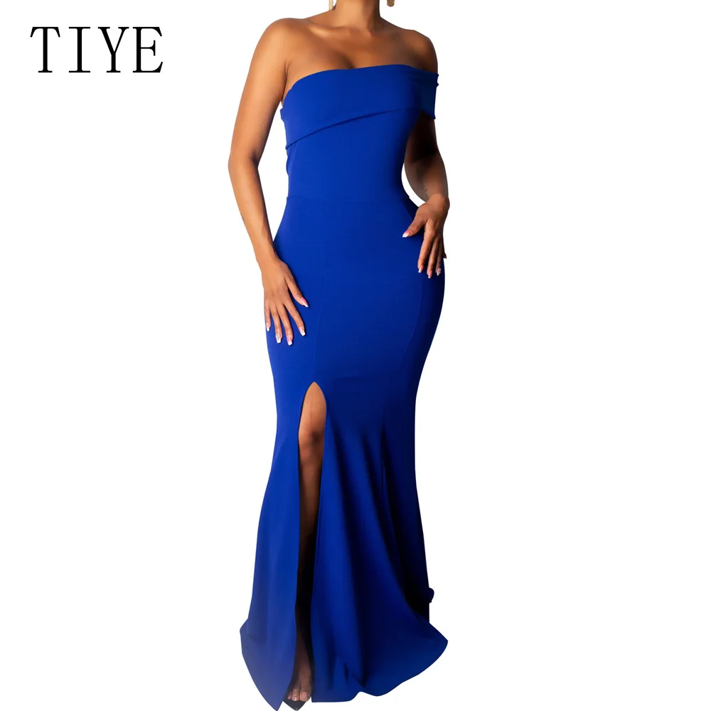 

TIYE Sexy Off Shoulder High Split Bodycon Blue Maxi Dress Black Blue Women Summer Formal Banquet Club Party Long Dresses Robe