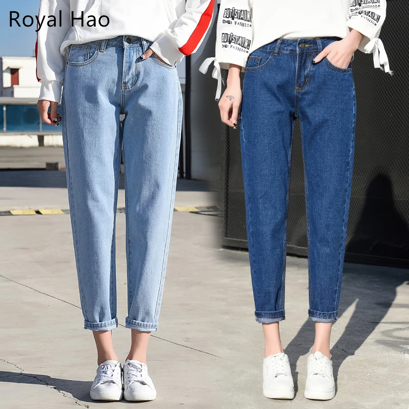 R&H 2019 Women's Pants Loose Mom Jeans High Waist Knee Length Boyfriend Jeans For Women Pants Feminino Mujer