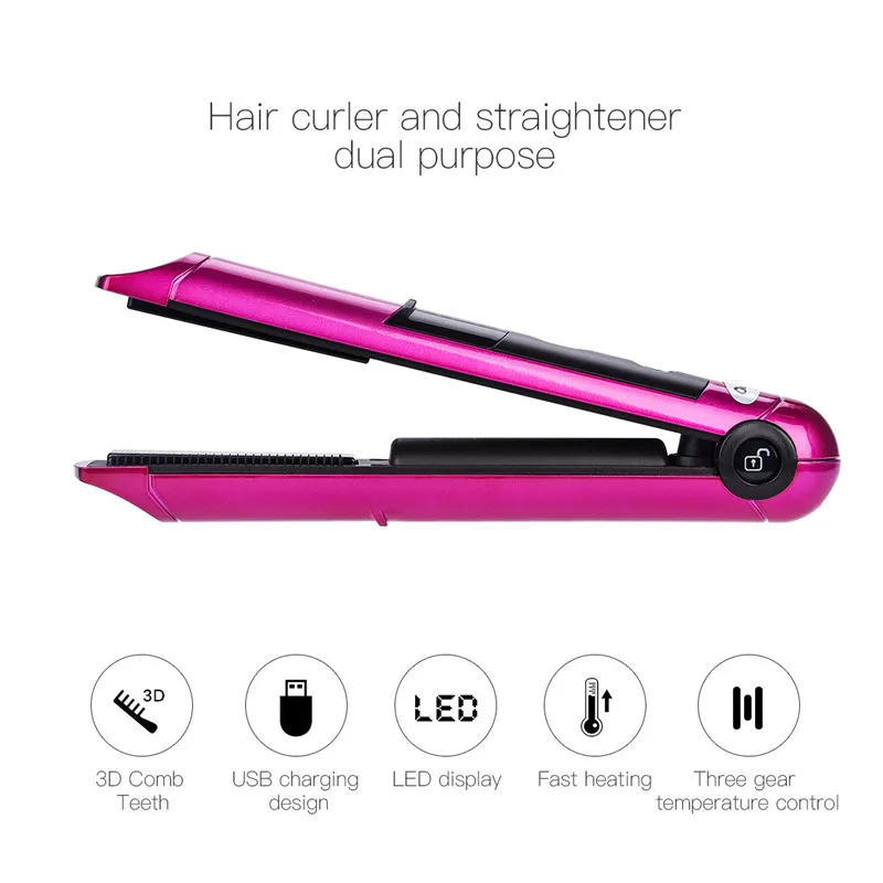 Mini USB Wireless Rechargeable Hair Straightener With lock system great for travel Cordless Flat iron Hair Curler Curling Wand49