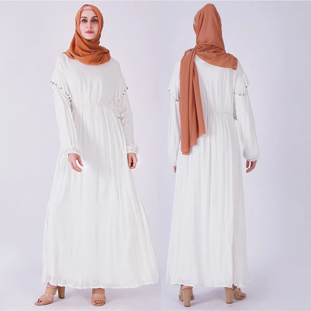 Black White Abaya Kimono Women Muslim Maxi Dress Femme Dubai Turkish Turkey Bangladesh Kaftan Pearl Robe Islamic Clothing