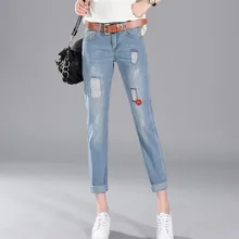 Рваные джинсы для женщин средней талией, эластичные джинсы с вышивкой, длина по щиколотку, женские брюки, джинсы-бойфренды