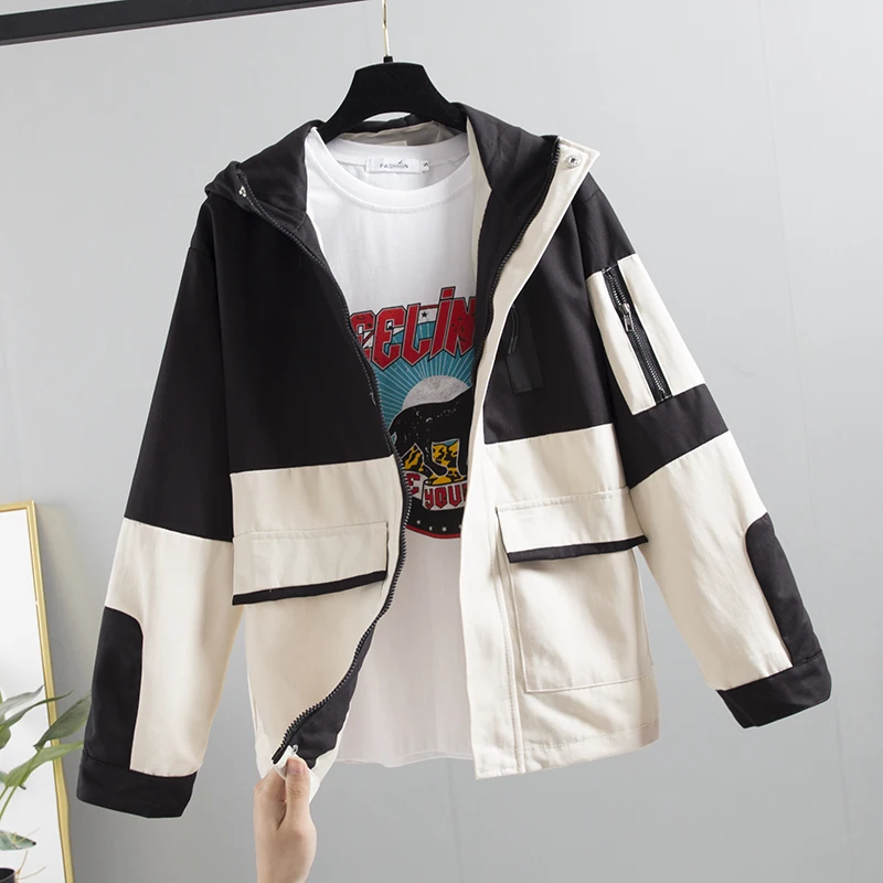 

Harajuku Spring Autumn Coat Women Windbreaker Outerwear Female Hooded Jacket Korean Big size Loose Patchwork Student Short Coat