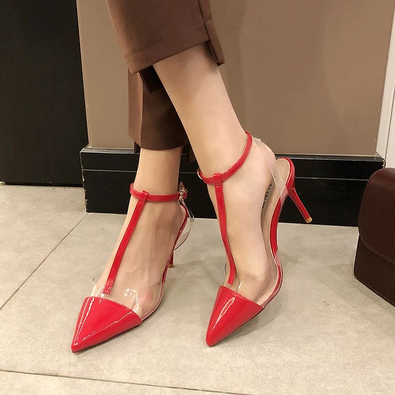 

Rimocy women's sexy pointed toe t-strap pumps spring summer 2019 thin high heels patent leather transparent party shoes woman
