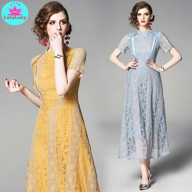 

2019 European style fashion flower women's summer new retro big swing lace stitching slim dress A-Line Short Polyester