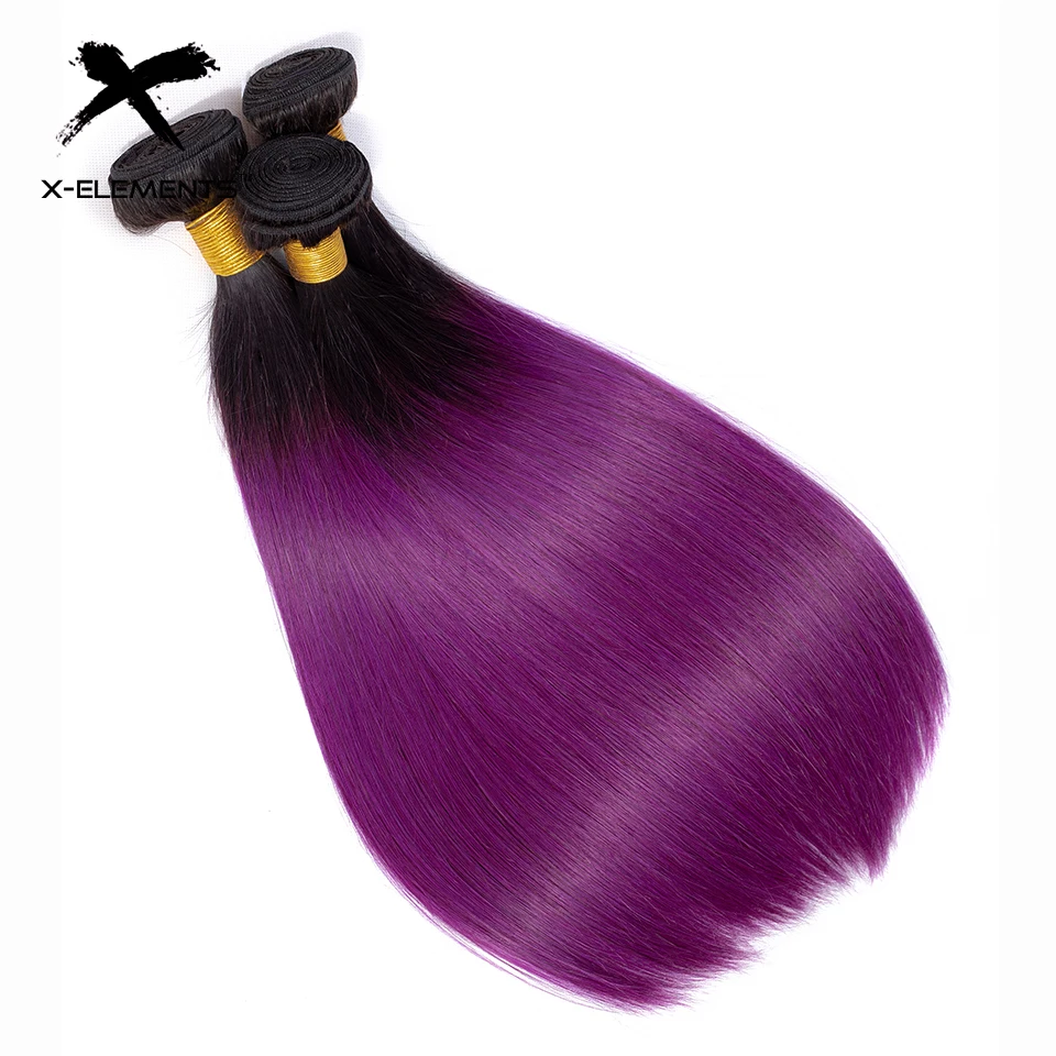 X-Elements Ombre Peruvian Straight Hair Bundles With Closure 3 Pcs with Closure T1B Purple Ombre Human Hair Weave With Closure  (3)