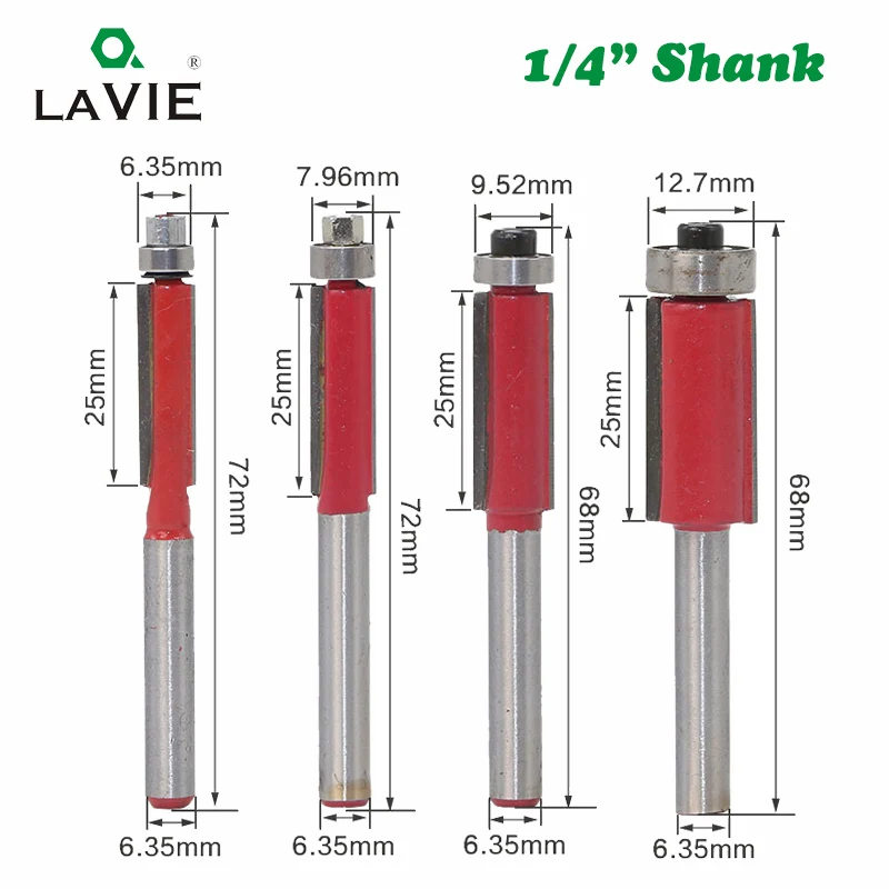 LA VIE 4 шт. 1/" торцевые Двойные Флейты с шариковым подшипником, фреза с прямым хвостовиком, фрезы по дереву 1/4" 5/1" 3/8" 1/" MC01013
