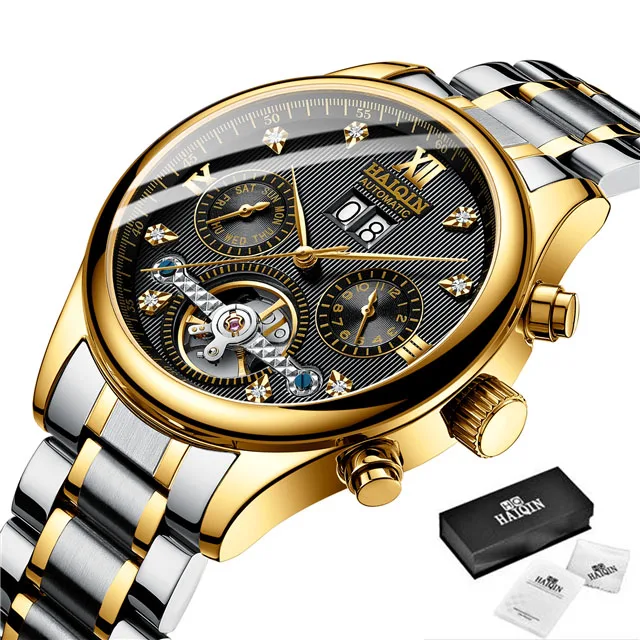 HAIQIN Men's Watches Top Brand Luxury Business Machinery Sport Wristwatch Mens Waterproof Tourbillon Clock Relogio Masculino - Цвет: S-Golden black