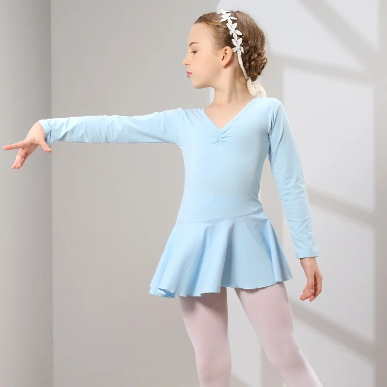 Балет Чесаный хлопок балетное платье пачка балетные костюмы для обувь девочек Дети Тюль с длинным рукавом танец гимнастика трико - Цвет: Sky Blue