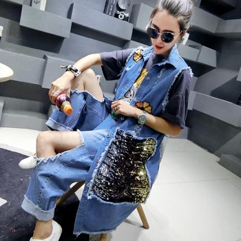 

Europen loose style women fashion big sequined pockets denim vest long section back flower sequins women sleeveless jackets