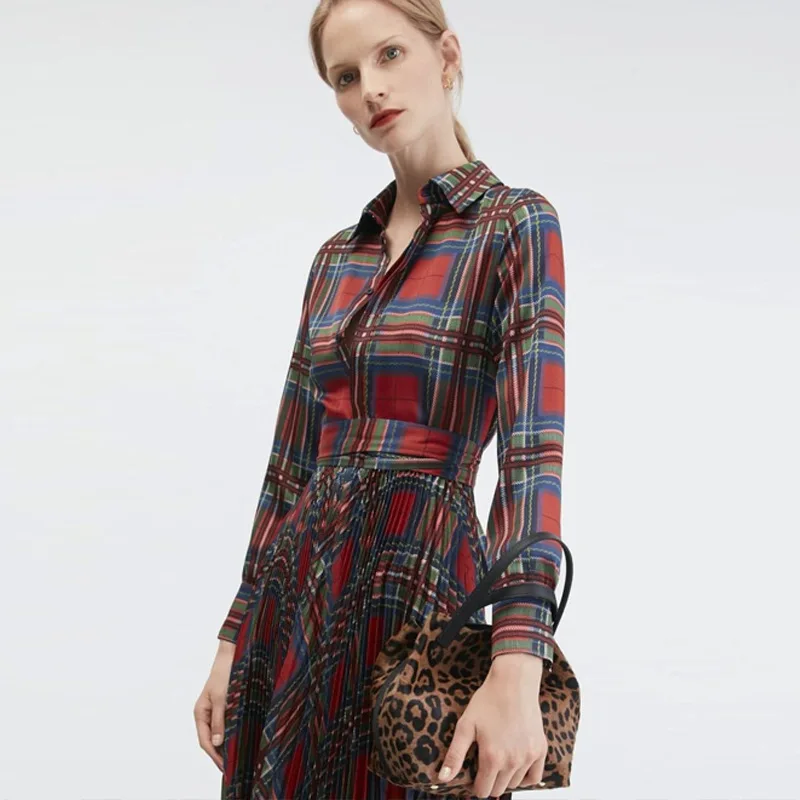 

British style Scottish mood 2019 spring and summer new women's pleated large swing long fashion temperament dress