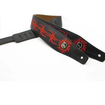

Guitar strap / Bass strap / folk guitar strap, leather pattern Instruments Accessories Black color with Red Embroidery