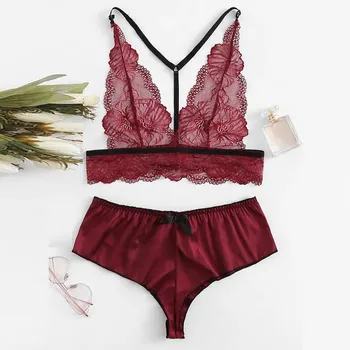 

New Exquisite Lace Red Lingerie Bra Underwear Set Babydoll Cut-Out Sleepwear Sous Vetement Femme Sexy Ensemble Low-Rise Camis
