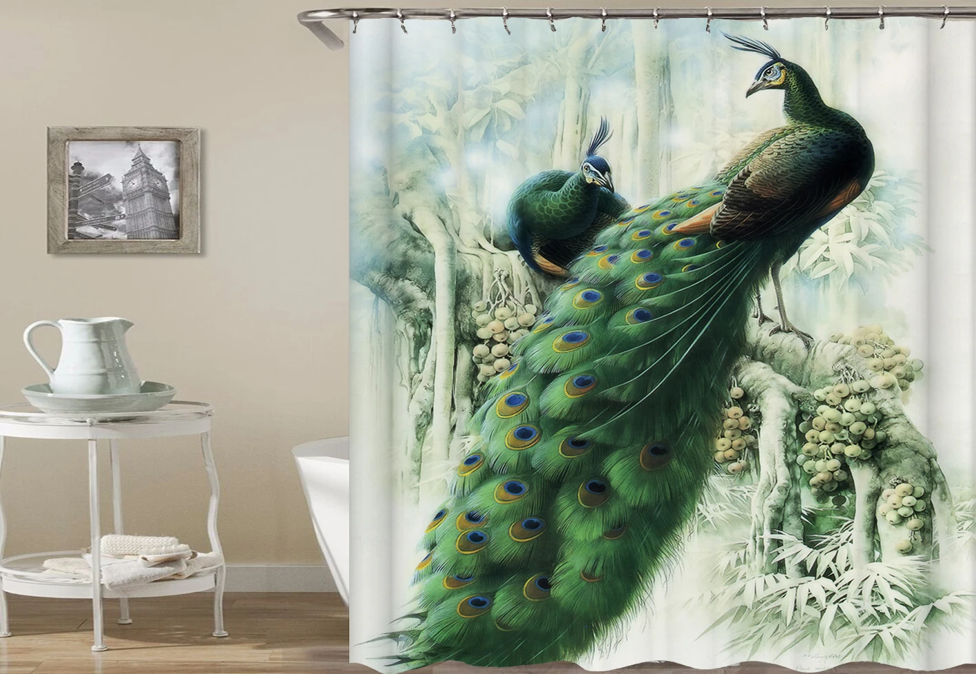 

Kiwiberry Longer Peacocks Bathtub bathroom Shower Curtain Fabric Liner with 12 Hooks 72Wx80H inch Waterproof and Mildewproof