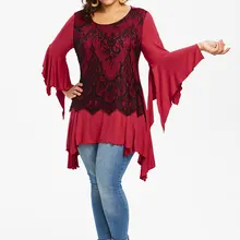 Rosegal размера плюс, рукав-клеш, кружевная панель, Асимметричная футболка для женщин, весна-осень, женские топы, большой размер, повседневная женская футболка